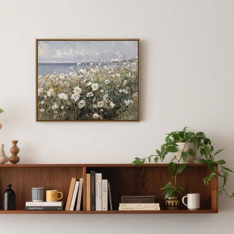 Skiennix Framed Landscape Wall Art - Blue Ocean & White Flower Abstract Prints | Modern 8x10 Inch Decor