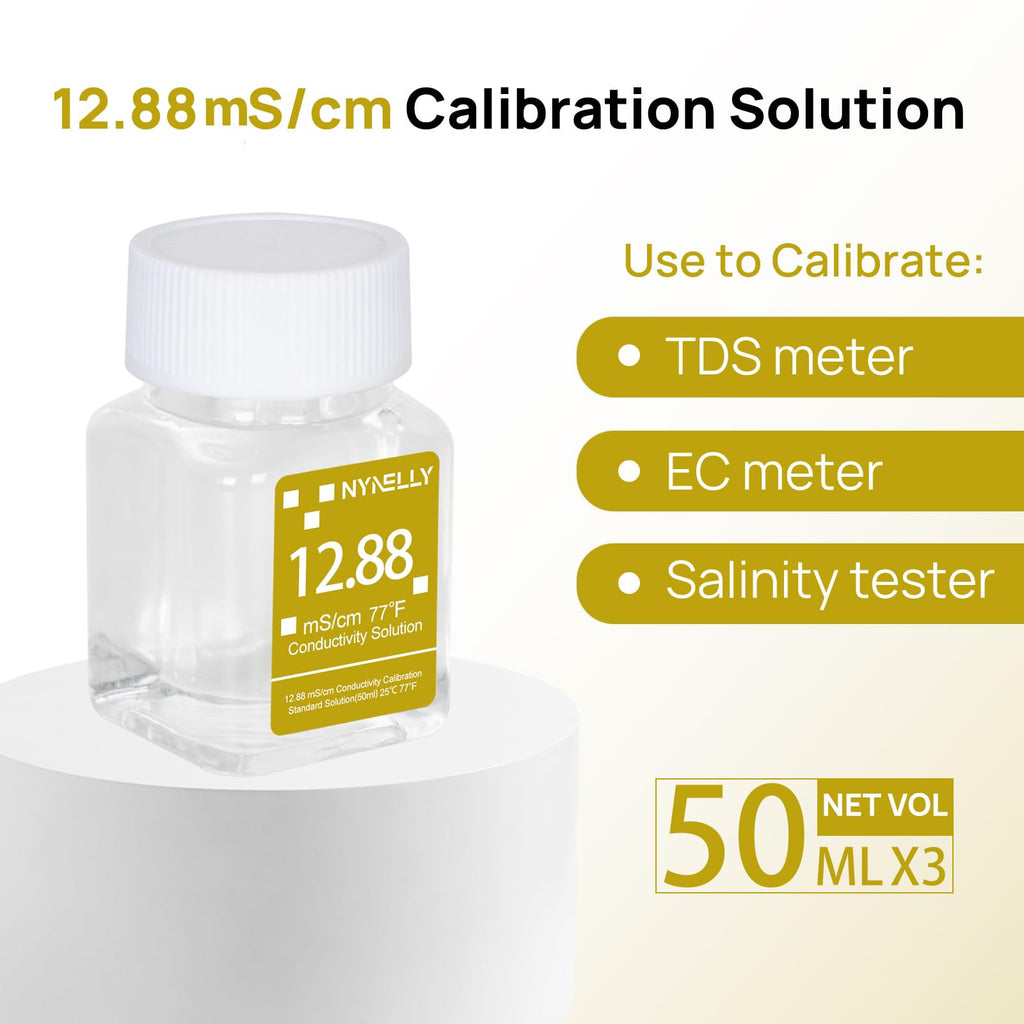 Nynelly 12.88 mS/cm Calibration Solution, Conductivity Salt Standard Buffer Solution for Salinity Tester, EC Meter, TDS Meter, Pool Salt Tester, Precise and Easy Calibration,3 Bottles of 50 ml