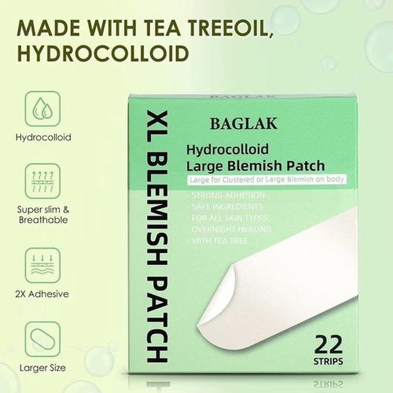 BAGLAK Large Blemish Patches - 22 XL Size Hydrocolloid Strips, Zit Stickers for Face Absorbing Cover - Facial Skin Care