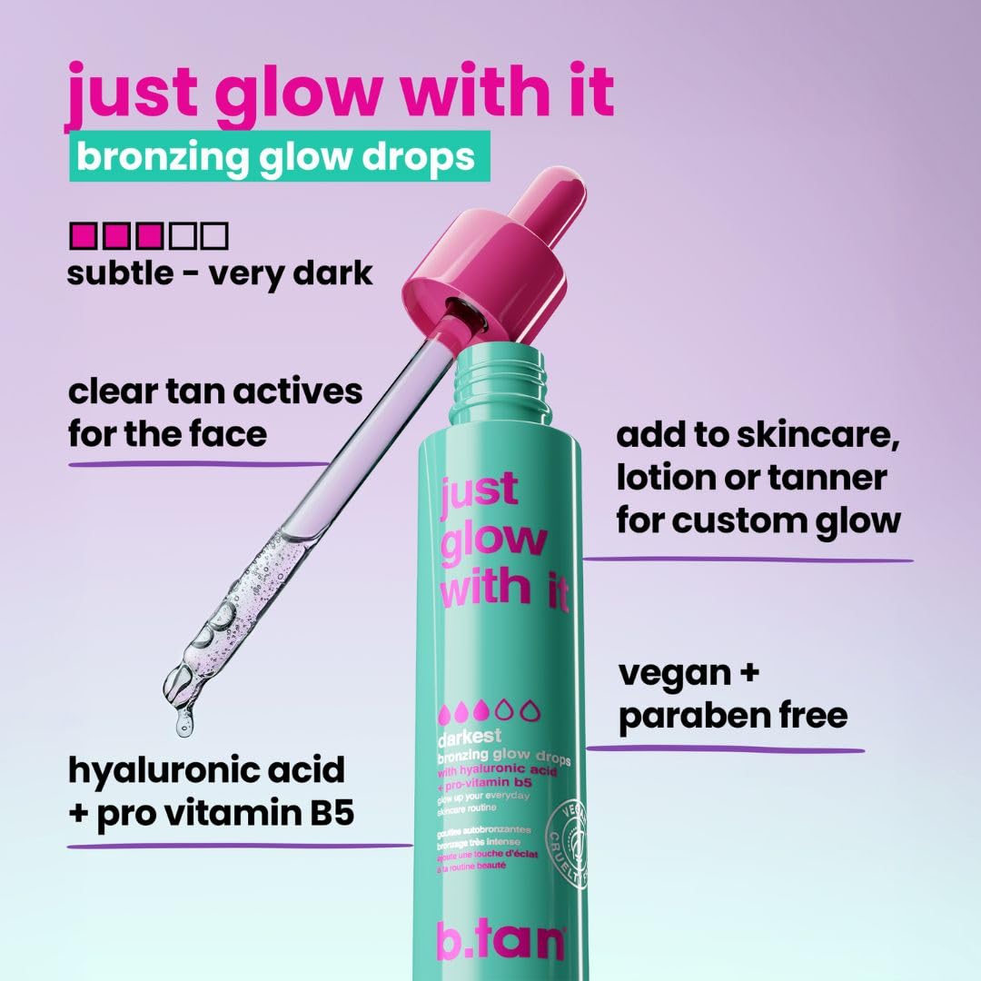 b.tan Dark Self Tanning Drops for Face & Body | Just Glow With It - Gradual Fake Tan Bronzing Serum Drop, Tanner Infused with Hydrating Skincare, Hyaluronic Acid, Men & Women, 1.3 Fl Oz