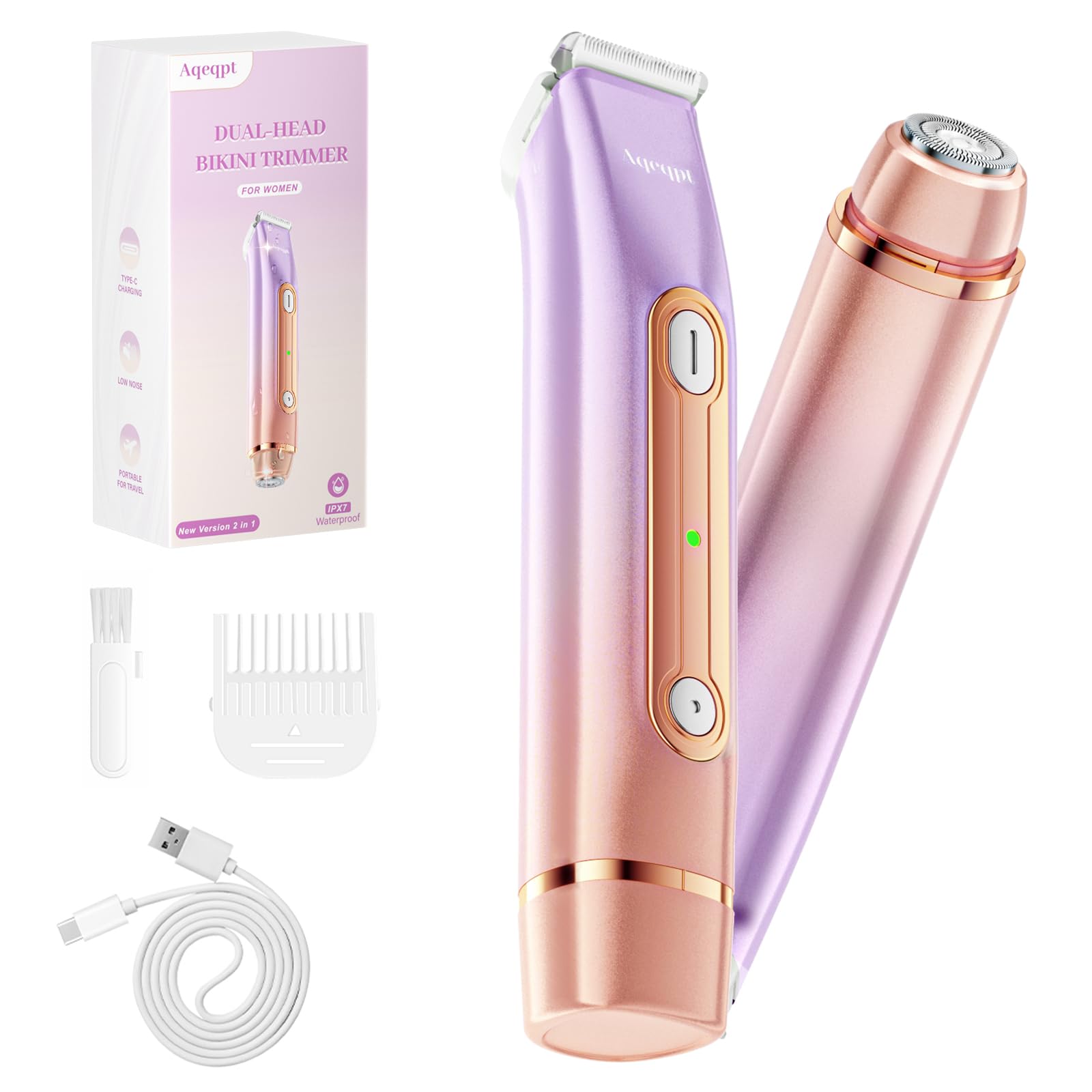 Bikini Trimmer for Women, Electric Razors with Dual Heads, Rechargeable Pubic Hair Trimmer with IPX7 Waterproof, Painless Pro Shaver for Underarm Leg Arm Body Face Private Area（DuskyRose）