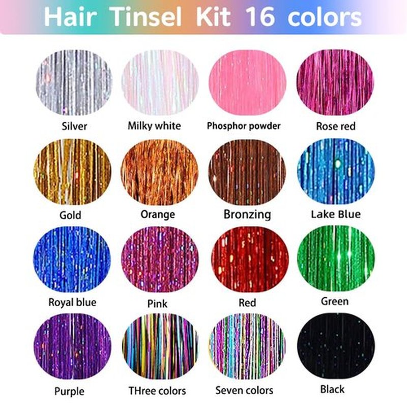 GTTUKK Hair Tinsel Kit (48 Inch,16 Colors,3200 strands), Tinsel Hair Extensions with Tools，Heat Resistant Fairy Hair Tinsel Kit for Women Girls Hair Accessories