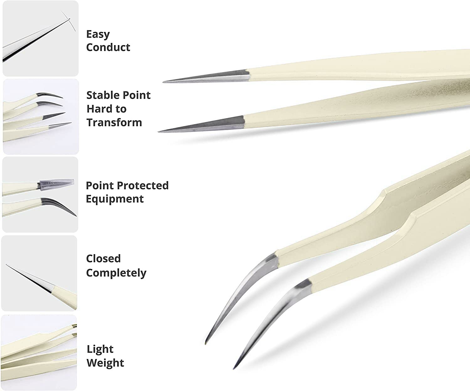 SIVOTE Lash Tweezers for Eyelash Extensions, Hand Calibrated Straight & Curved Tip, Pack of 2, Vanilla