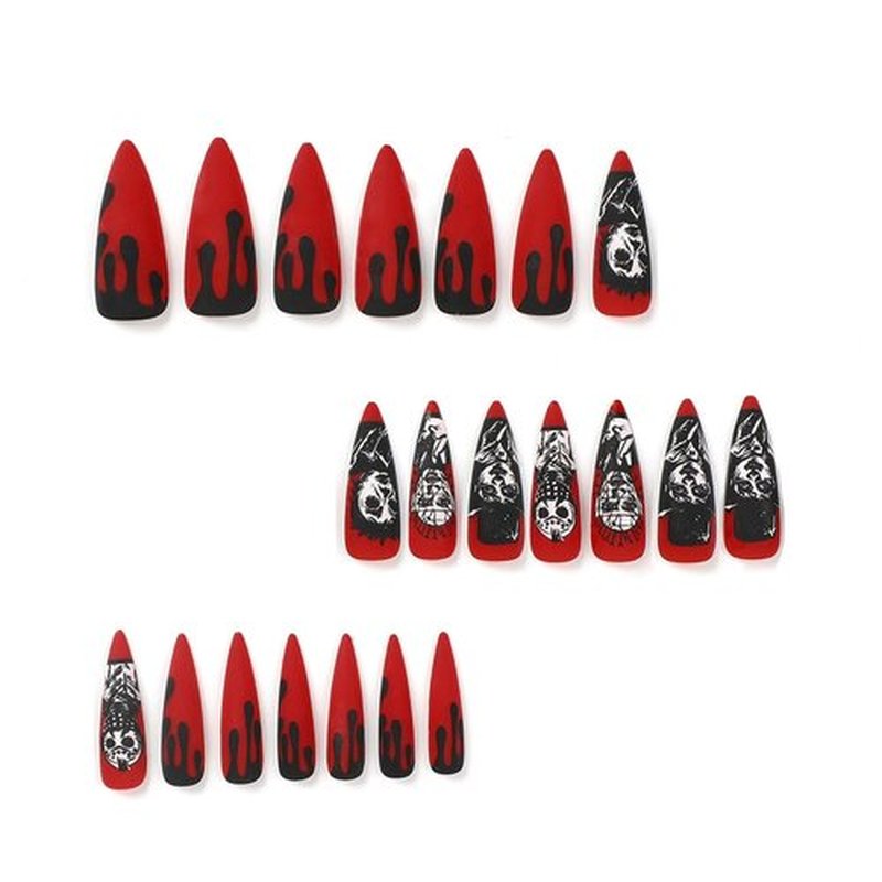 MABKJLF Halloween Press on Nails Long Stiletto French Fake Nails Scary Skull Skeleton Red Full Cover Gothic Nails Black Blood Matte Glue on Nails Acrylic Nails Artificial Nails for Women Girls 24 Pcs
