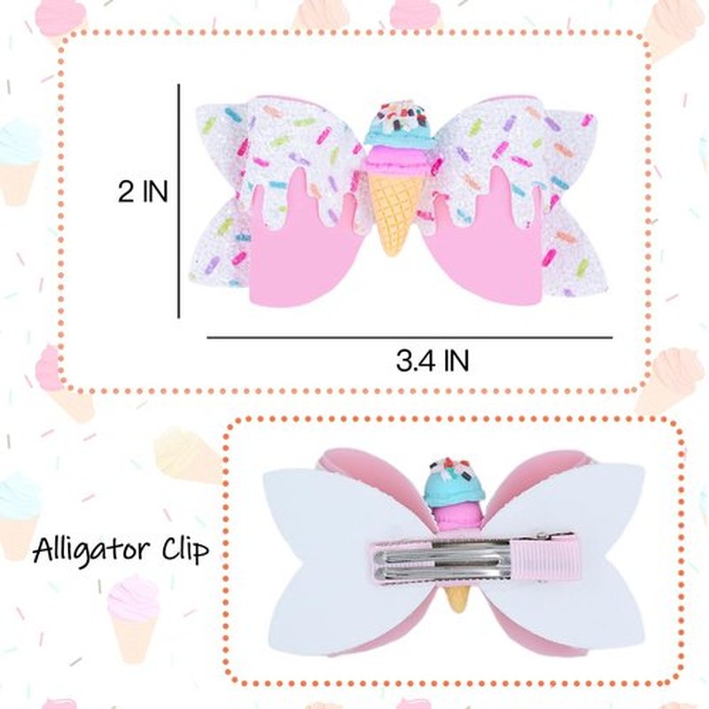 Ice Cream Hair Bow Clips, 3.4 Inch Sparkly Confetti Sprinkle Birthday Hair Bows Full Lined Metal Alligator Clips Boutique Bow-knot Hair Accessories for Girls Toddlers Kids Teens - Pink & White