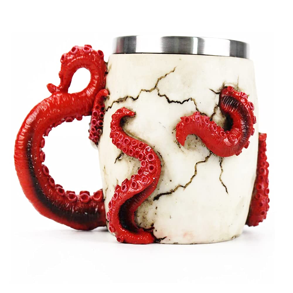 PROVIVID Skull Coffee Mugs with Handle Stainless Steel 3D Skull Beer Mug Realistic Resin Octopus Tentacle Beverage Drinking Cup Drinkware Mug Unique Gift for Men - 13oz