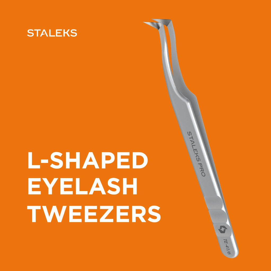 STALEKS PRO Expert 41 Type 6 Professional Eyelash Tweezers (L-Shaped 75°) – Stainless Steel for 2D-8D Volume Lash Extensions & Boot Technique