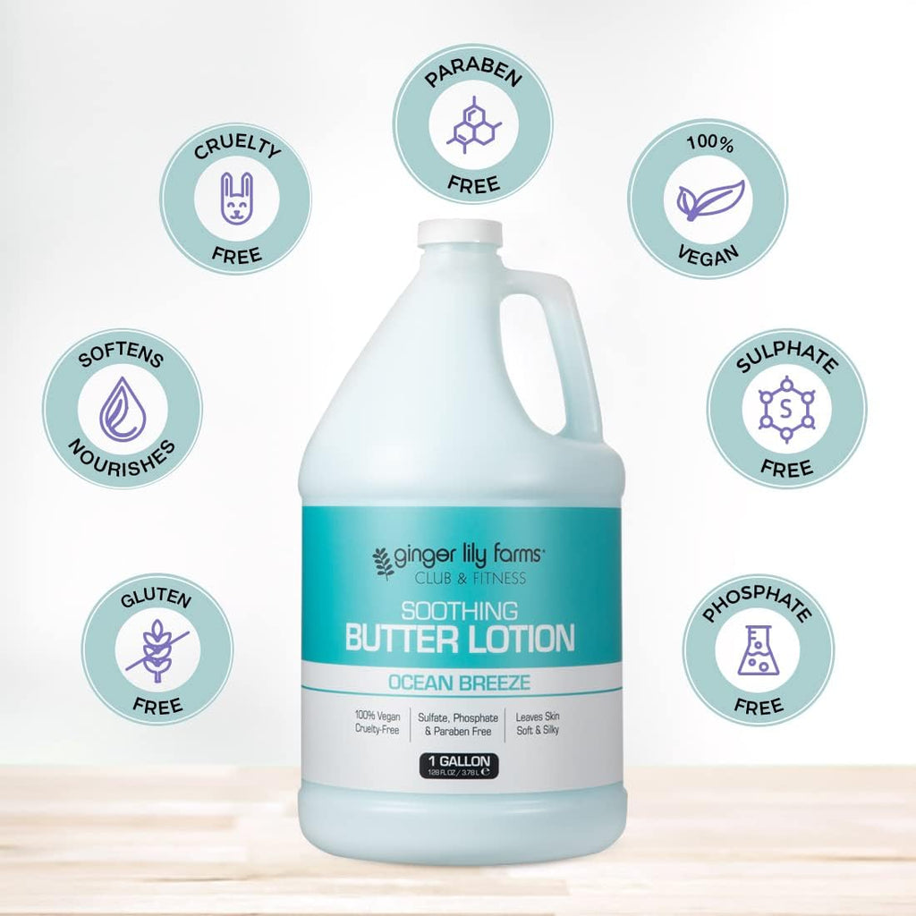 Ginger Lily Farms Club & Fitness Soothing Butter Lotion for Dry Skin, 100% Vegan & Cruelty-Free, Ocean Breeze Scent, 1 Gallon (Pack of 4)