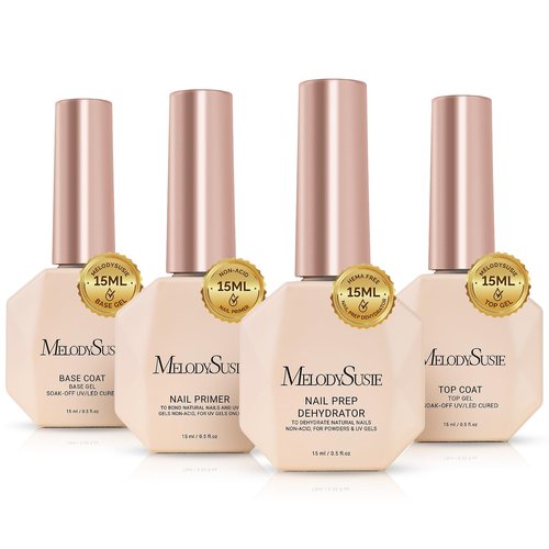 MelodySusie Top Coat Base Coat Nail Dehydrator and Primer Set Long Lasting Shine Nail Polish Art Design Manicure Kit Perfect Gifts for Women Girls 4 Pcs 15ml Clear