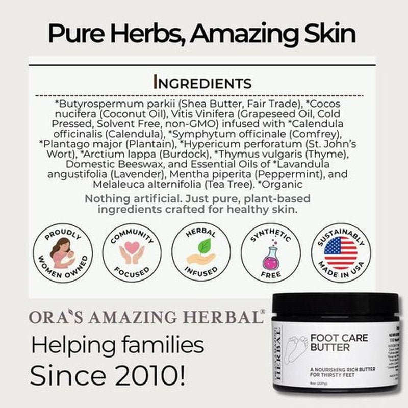 Ora's Amazing Herbal Foot Care Butter, Heel Balm, Foot Balm, Repair Cream for Dry Cracked Heels & Feet, Lavender, Tea Tree & Peppermint, 100% Recycled Plastic Jar, 2 oz