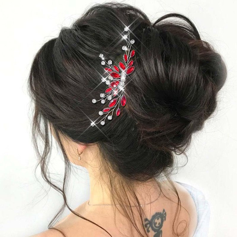 Unicra Bride Silver Wedding Hair Comb Sparkly Crystal Bridal Hair Piece Rhinestone Hair Accessorie for Women and Girls (Red-red)