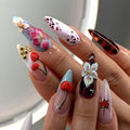 WAFOLOZE Almond Press on Nails Long Fake Nails with 3D Flowers Cherry Designs, Fall/Winter Glue On False Nail Press Ons Acrylic Artificial Stick On Nails for Women 24Pcs