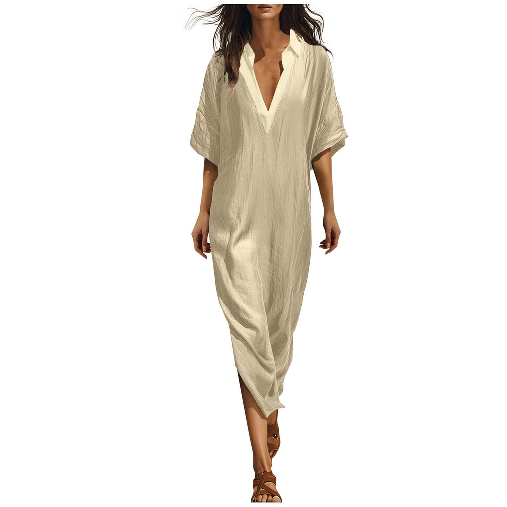 Linen Dress Women Casual Short Sleeve Fashion Beach Dresses V-Neck Lightweight Split Flowy Sundresses