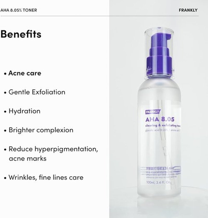 FRANKLY AHA 8.05% Toner | Pore-Refining Exfoliator with Glycolic Acid, 17 Amino Acids, Hyaluronic Acid | Smooths Texture, Hydrates, Targets Flakiness | Korean Skin Care 3.38 fl oz