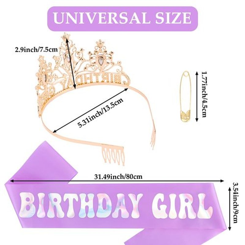 AHONEY Birthday Girl Crown and Sash for Girls Women Pastel Rainbow Party Headband Princess Tiara Purple Birthday Decorations Accessories