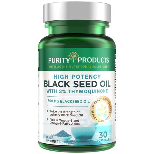 Purity Products High Potency Black Seed Oil - Double Strength + Cold Pressed - 3% Thymoquinone - 500 mg Black Cumin Seed Oil - Omega 6 + 9 Essential Fatty Acids - Easy to Swallow - 30 Mini Softgels