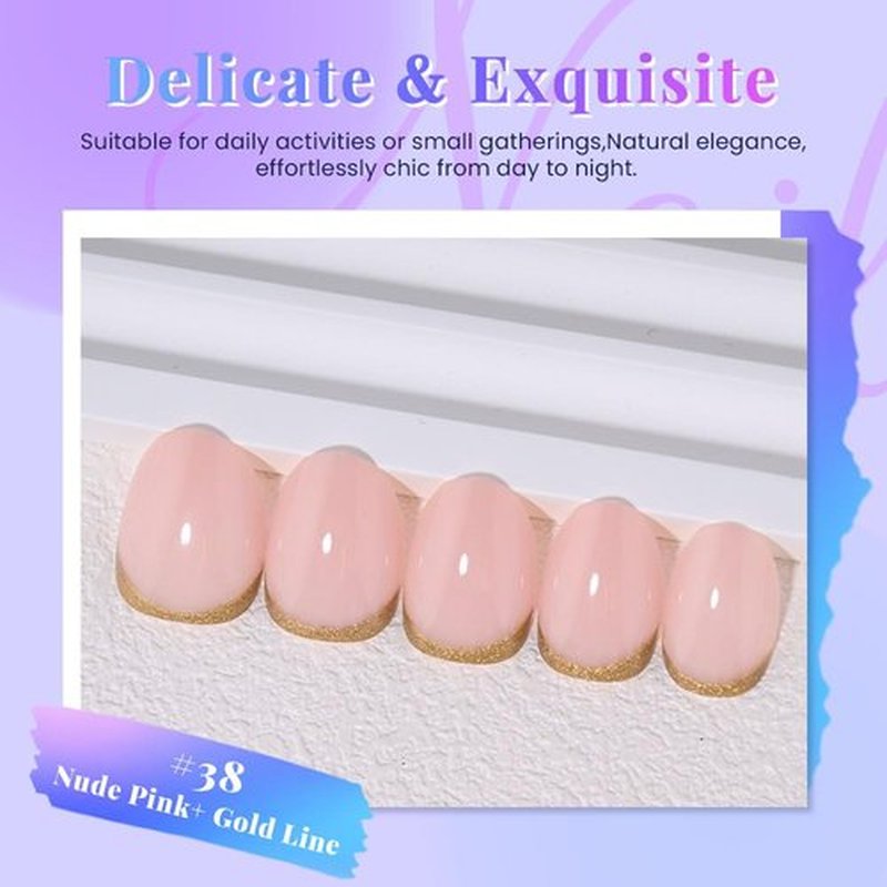 Evpct Nude Pink French Press-On Nails | Short Oval Design with Gold Foil Accents | Reusable Soft Gel Kit