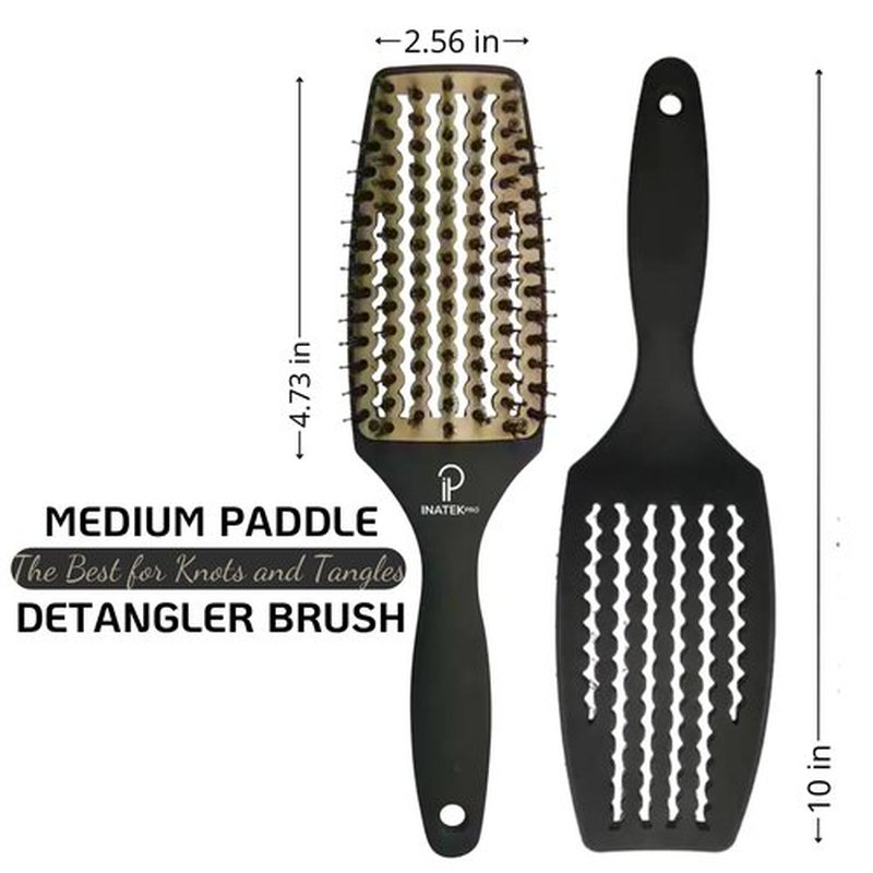 Inatekpro Curved Vented for Blow Drying - Boar Bristle Brush (Medium) with Comfortable Handle - Soft Bristle Brush for Thick and Fine Hair - Natural Boar Bristles for Women, Men & Kids - Grey