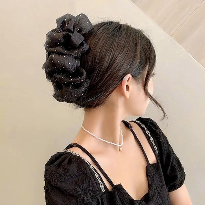 Myhiju Hair Clip, Black Chiffon Mesh Tulle Rhinestone Bow Hair Clip, Strong Hold Silk Bowknot Claw Clip for Women, Hair Accessories for Thick Hair, Daily, Party