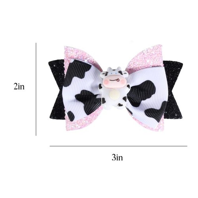 2pcs Glitter Pink Cow Print Hair Bow Clips for Toddler Teen Baby Girls Country Birthday Party Gift Cute Cow Ribbon Alligator Barrettes Outfit Dress Costume Decor Accessory 3 inch