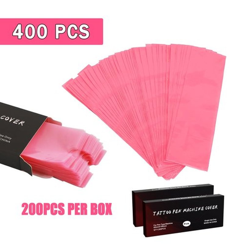 Large Tattoo Pen Covers 400Pcs - Tattoo Machine Covers Tattoo Grip Extra Wide Machine Bags 2.6"x7" Big Sleeves Pink Tattoo Supplies