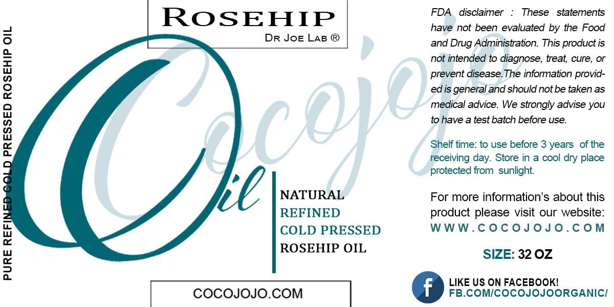 cocojojo Rosehip Oil for Face, Rose Oil for Face, Rose Hip Oil for Face, Rosehip Oil, Pure refined Cold Pressed All Natural for Hair Skin Face Body Nails Pure Oil - 32 Oz