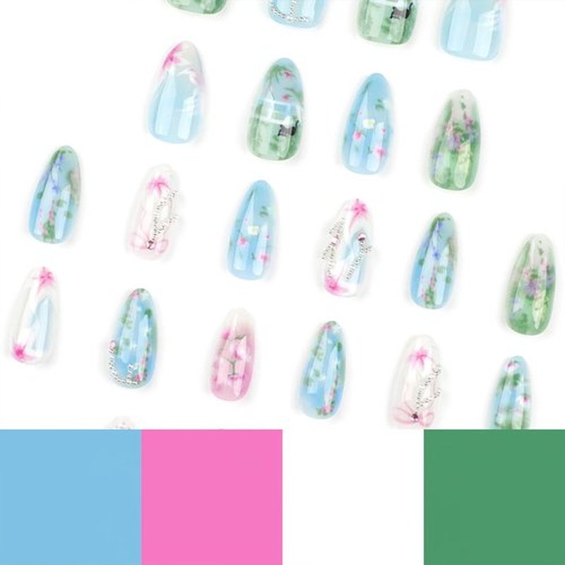 Jremg Flower Press on Nails Medium Almond Fake Nails with Pearl rhinestones Design Glossy Bow Blue Green Glue on Nails Cute Cat Floral Handmade Artificial Acrylic Nails for Women Girls 24Pcs