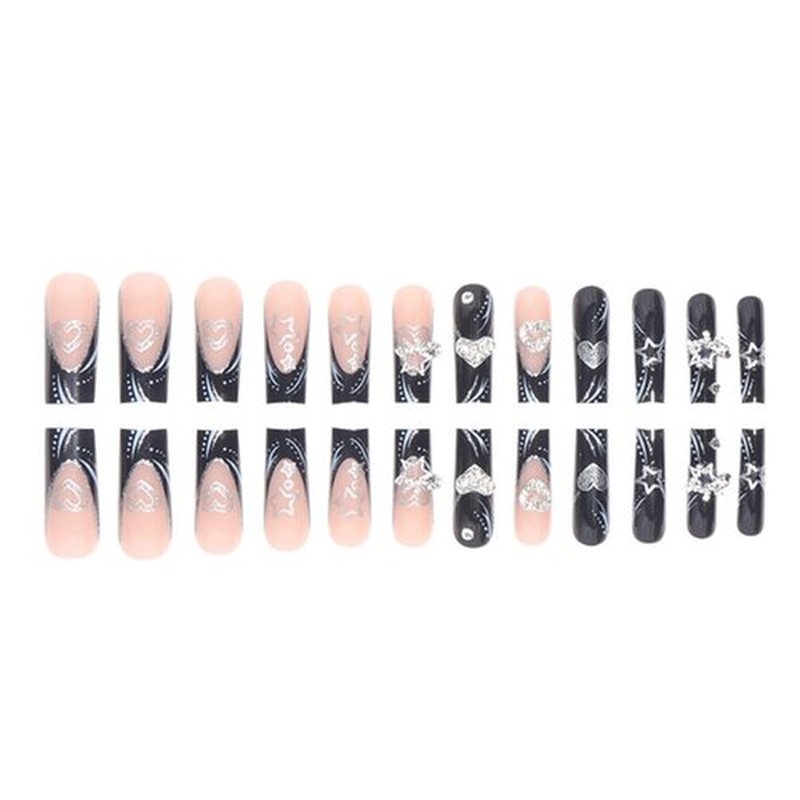 DANMANR Fake Nails Black Long Press on Coffin Nails Heart Crystal Full Cover Acrylic French Shiny Fake Nails for Women and Girls 24PCS
