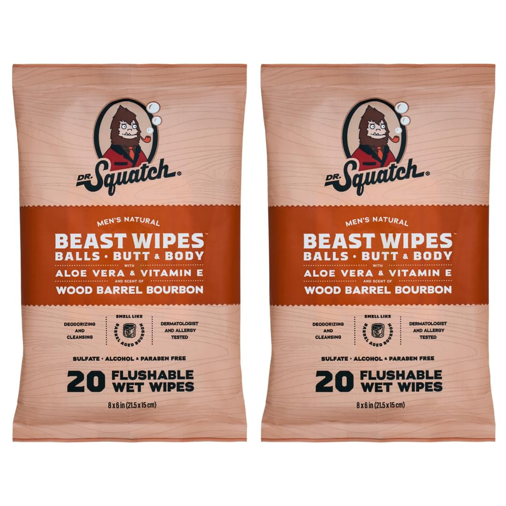 Dr. Squatch Beast Wipes - Flushable Adult Wipes for Men - Soothing and Refreshing - 2 Pack Wood Barrel Bourbon
