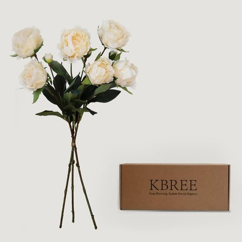 KBREE Artificial Peonies - Lifelike 25.2" Real Touch Flowers, 3 Pcs Cream White Stems for Bouquets & Arrangements