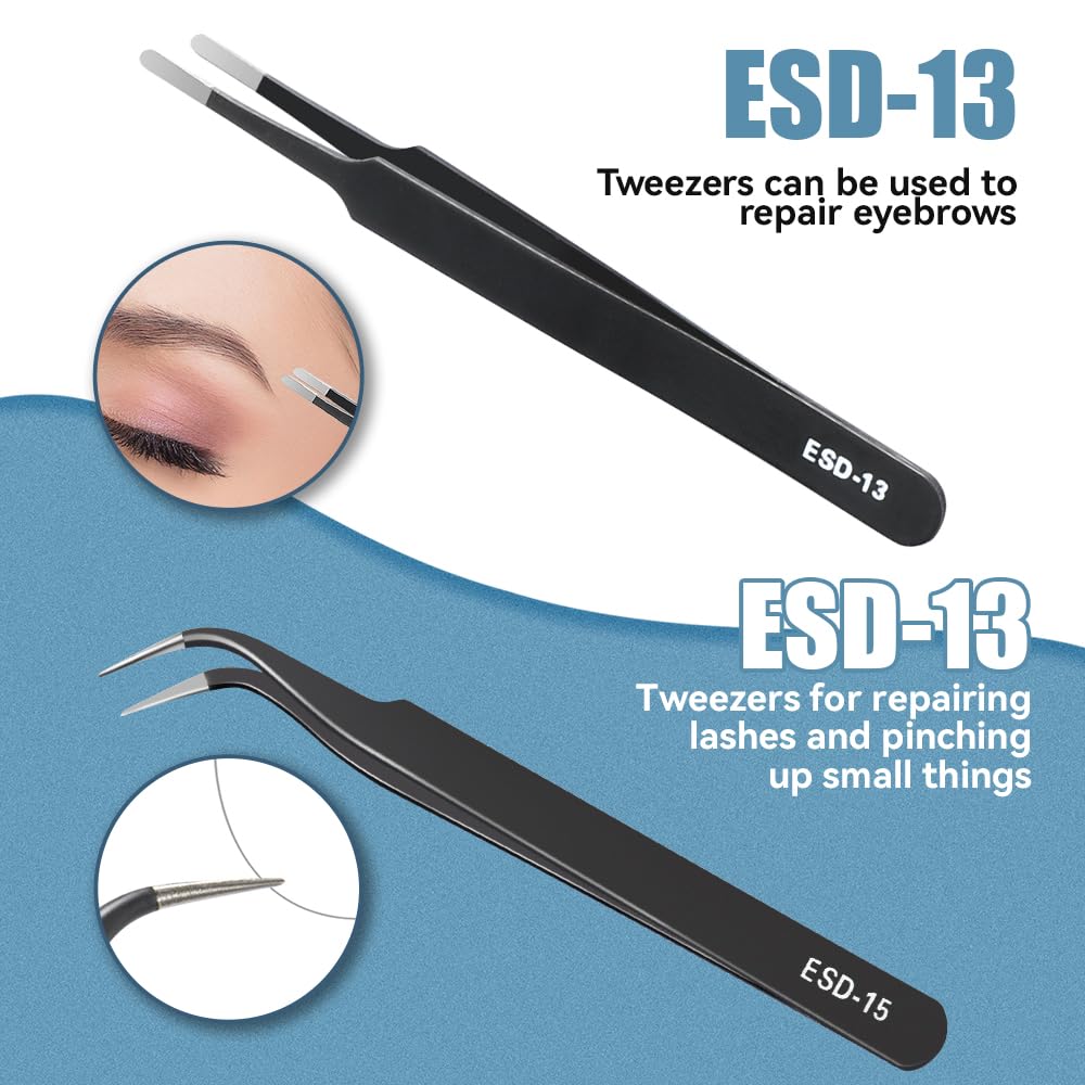 CHERALKEST 6 Pcs Precision Tweezers Set, Premium Anti-Static Stainless Steel Tweezer, ESD Curved of Tweezers for Electronics, Craft, Laboratory Work, Jewelry-Making, etc