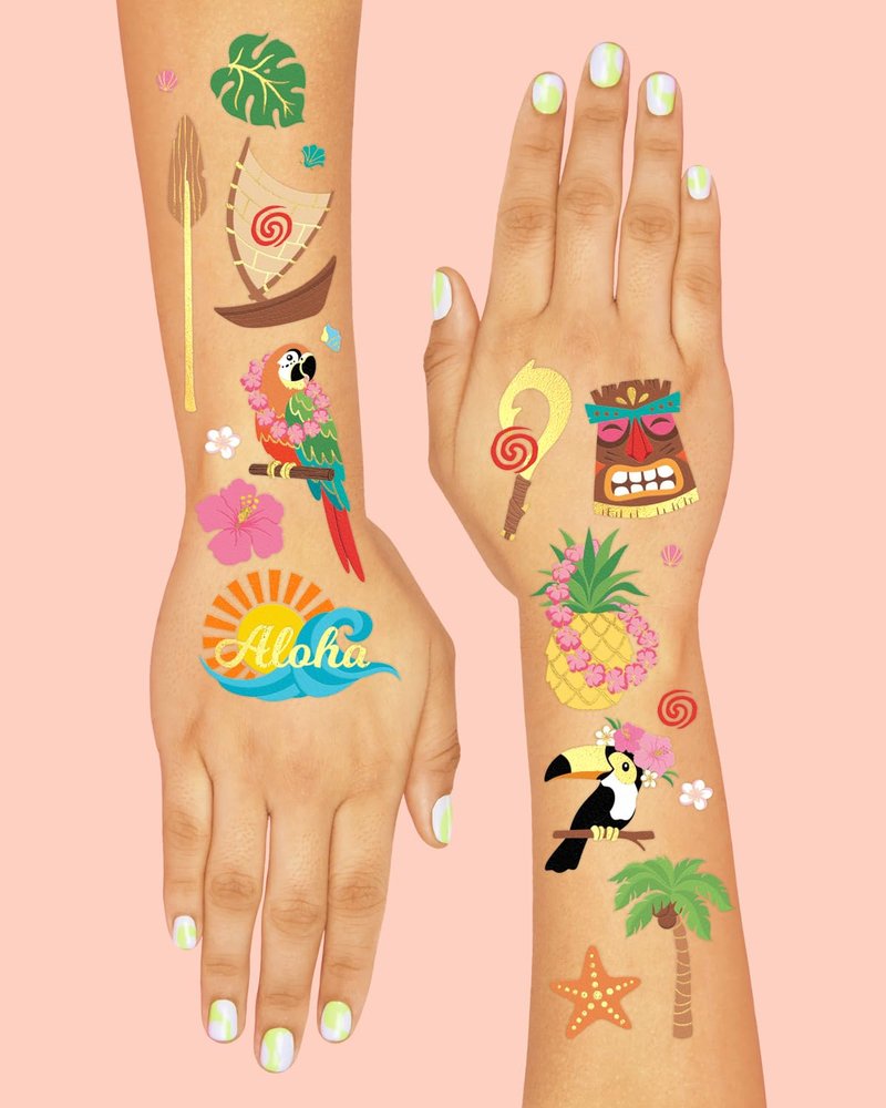 xo, Fetti Tropical Island Temporary Tattoos - 60 Gold Foil Pcs | Hawaiian Birthday Accessory, Bachelorette Luau Party Favor, Cute Kids Activity
