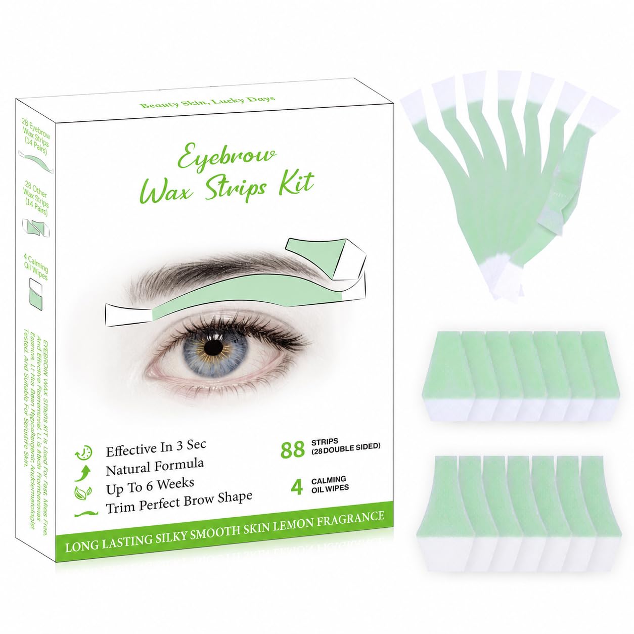 Eyebrow Wax Strips - 88 Strip Eyebrow & Upper Lip Hair Remover with 4 Soothing Wipes | Natural Beeswax Formula | Painless at Home Hair Removal for Women & Sensitive Skin | Lasts 6 Weeks
