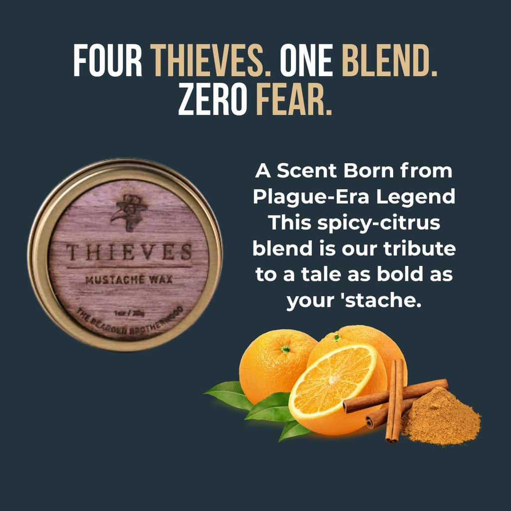 The Bearded Brotherhood TBB Thieves Mustache Wax for Men | Natural Mustache Styler with Long-Lasting Hold | Cinnamon, Citrus, Rosemary & Rose Scent | Handcrafted in Texas | 1 oz