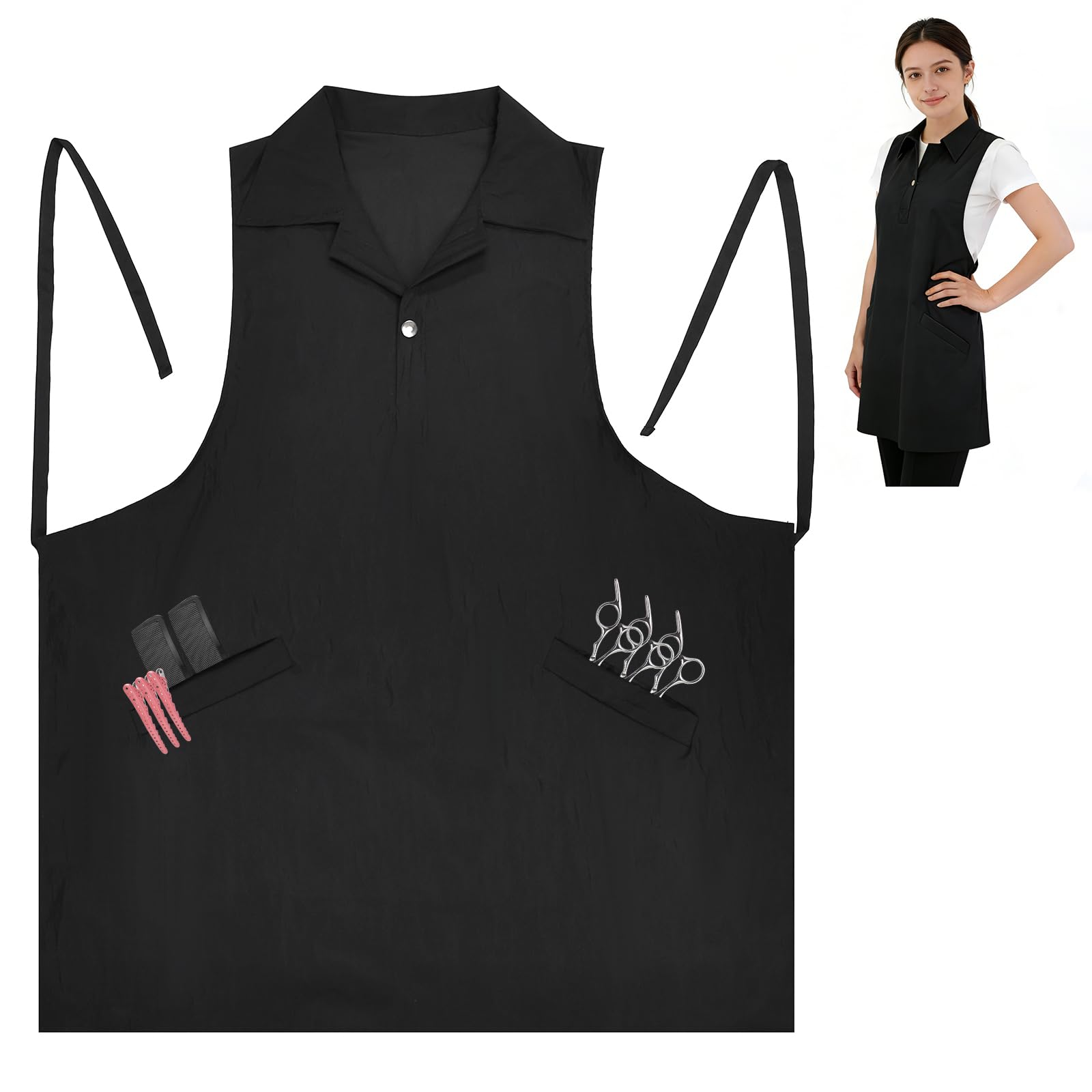 Barber Apron, Multi-Functional Work Cape for Hairdressing, Featuring Multiple Pockets for Organizing Hairdressing Supplies (BLACK-Blouse)