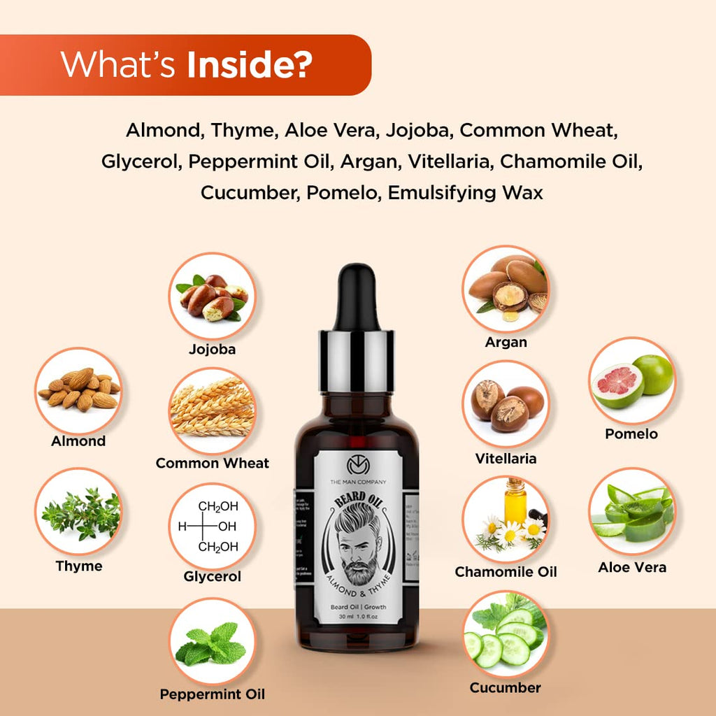 The Man Company 100% Natural Beard Oil for Men with Almond Oil, Thyme, Argan, and Jojoba Oil for Faster Beard Growth - 1.1 Oz | Beard Conditioner Oil, Softens & Strengthens Beards and Mustaches