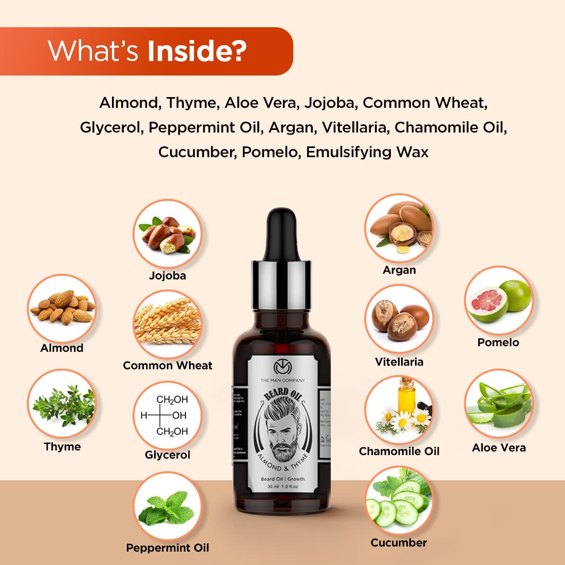The Man Company 100% Natural Beard Oil for Men with Almond Oil, Thyme, Argan, and Jojoba Oil for Faster Beard Growth - 1.1 Oz | Beard Conditioner Oil, Softens & Strengthens Beards and Mustaches