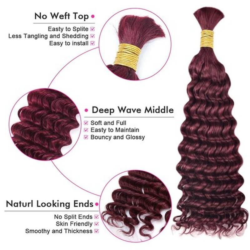 99J Burgundy Human Braiding Hair Deep Wave Boho Braids Human Hair Wet and Wave Bohemian Ginger Curly Knotless Braiding Hair Extension 2 Bundles 105g