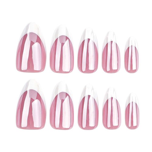 Chrome Press on Nails Medium Almond White French Tip Pink False Nails Soft Gel Nail Full Cover Natural Nails Long Lasting Solid Color Almond False Nail for Women Girls 30 Pcs