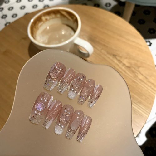JIEADJIE Press On Nails (100% Handmade),Short-Medium T,Handmade Painted Nail Art by Nail Technician,Daily Version (pink camellia, Medium)