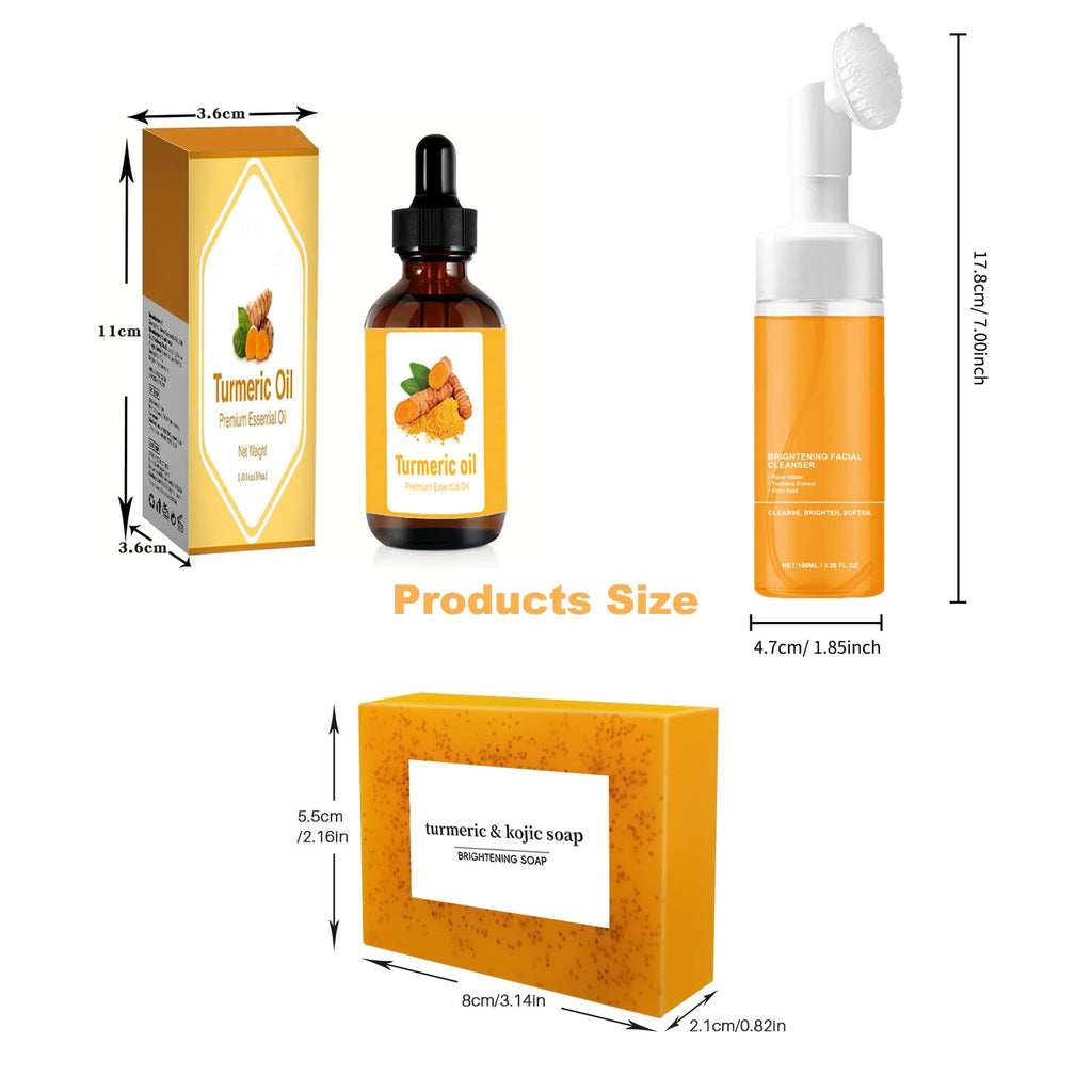 DENESTUP Turmeric Face Wash, Turmeric Wash and Care Turmeric Facial Cleanser, Gentle Cleansing Moisturizing Skincare Set for Face Soap Bar | Mousse Cleanser | Essential Oil /3 Piece Set