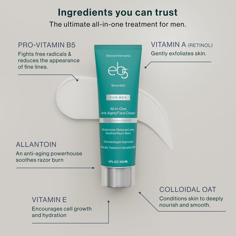 eb5 Men’s Anti-Aging Face Cream - Retinol & Vitamins E, B5, A for Moisturizing & Soothing Razor Burn | 4 Fl Oz