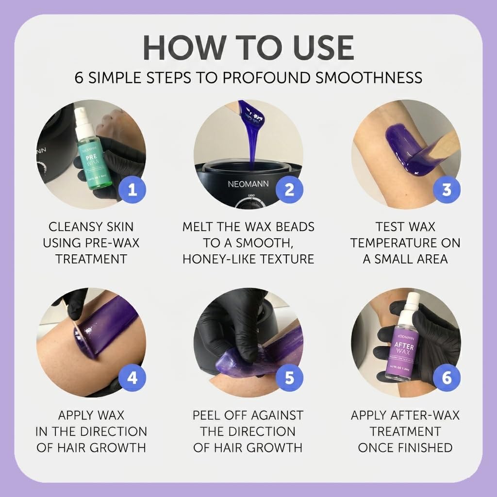 NEOMANN Brazilian and Bikini Waxing Kit for Women Hard Wax Warmer, Lavender Beads, Pre & Post Wax Spray, At Home Hair Removal Kit for Face, Legs,Body, and Underarms, Beginner Friendly