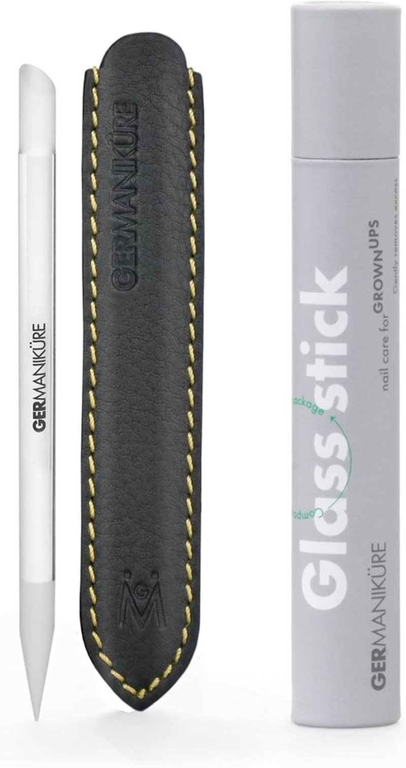 GERMANIKURE Clear Glass Cuticle Stick - Ethically Made Cuticle Pusher & Remover in Leather Sleeve | Nail Shaper & Callous File