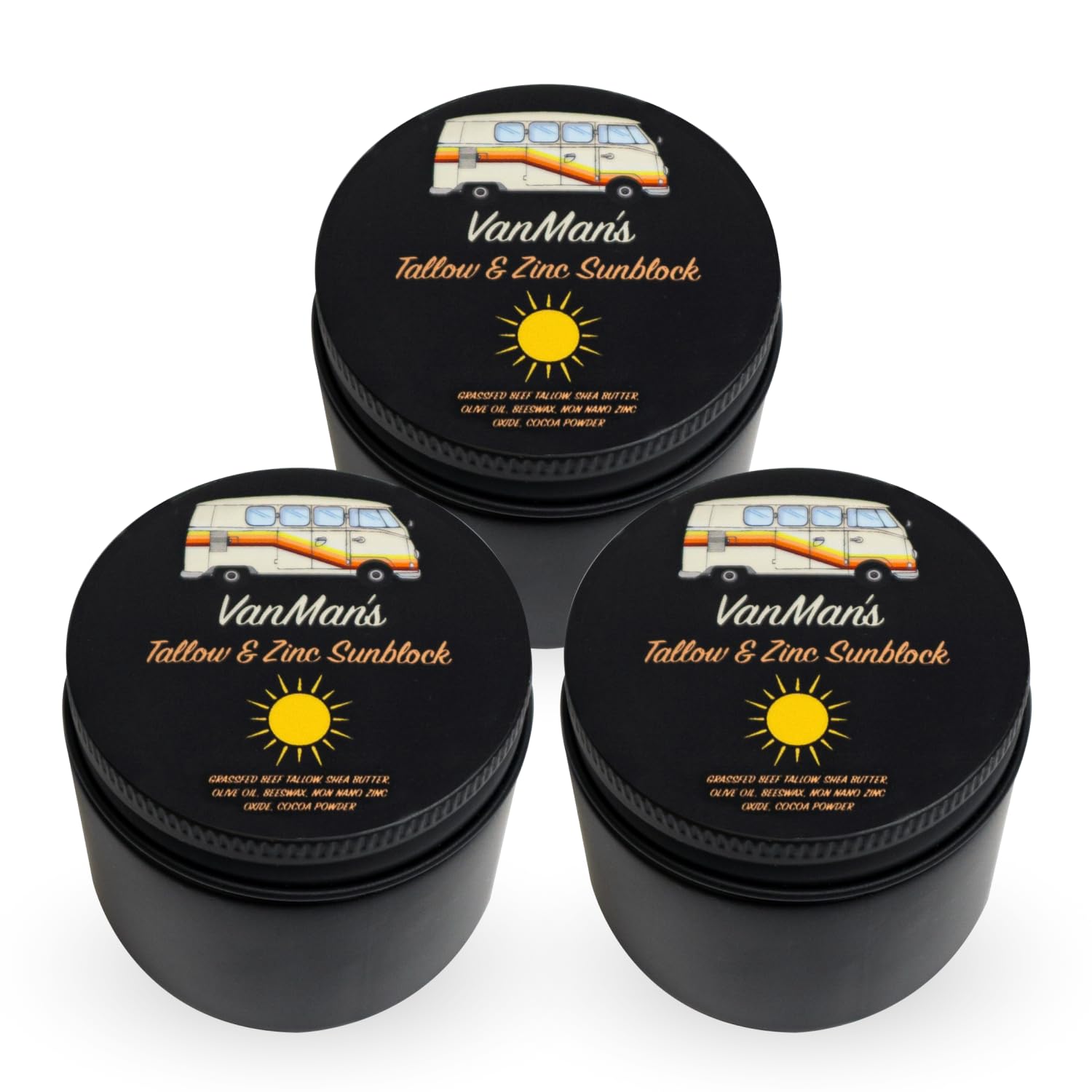 Vanman's - Zinc and Tallow Sunscreen (3 Pack) - Water Resistant 20 SPF Beef Tallow Sunscreen with Olive Oil, Beeswax - Mineral with Non-Nano Minerals - 2.8 ounce