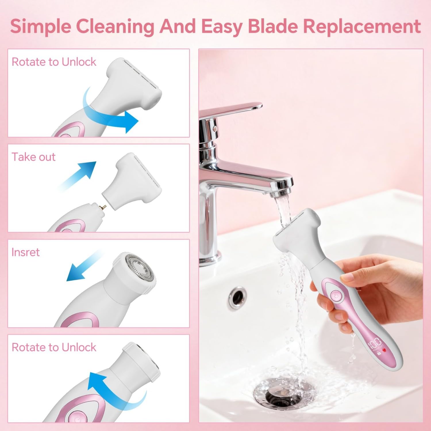 Electric Razors for Women, Painless Bikini Trimmer for Women for Silk Skin, 4-in-1 Wet/Dry Cordless Body Shaver, IPX6 Waterproof Replaceable Facial, Eyebrow, Nose Trimmer, Type-C Fast Charge, Pink