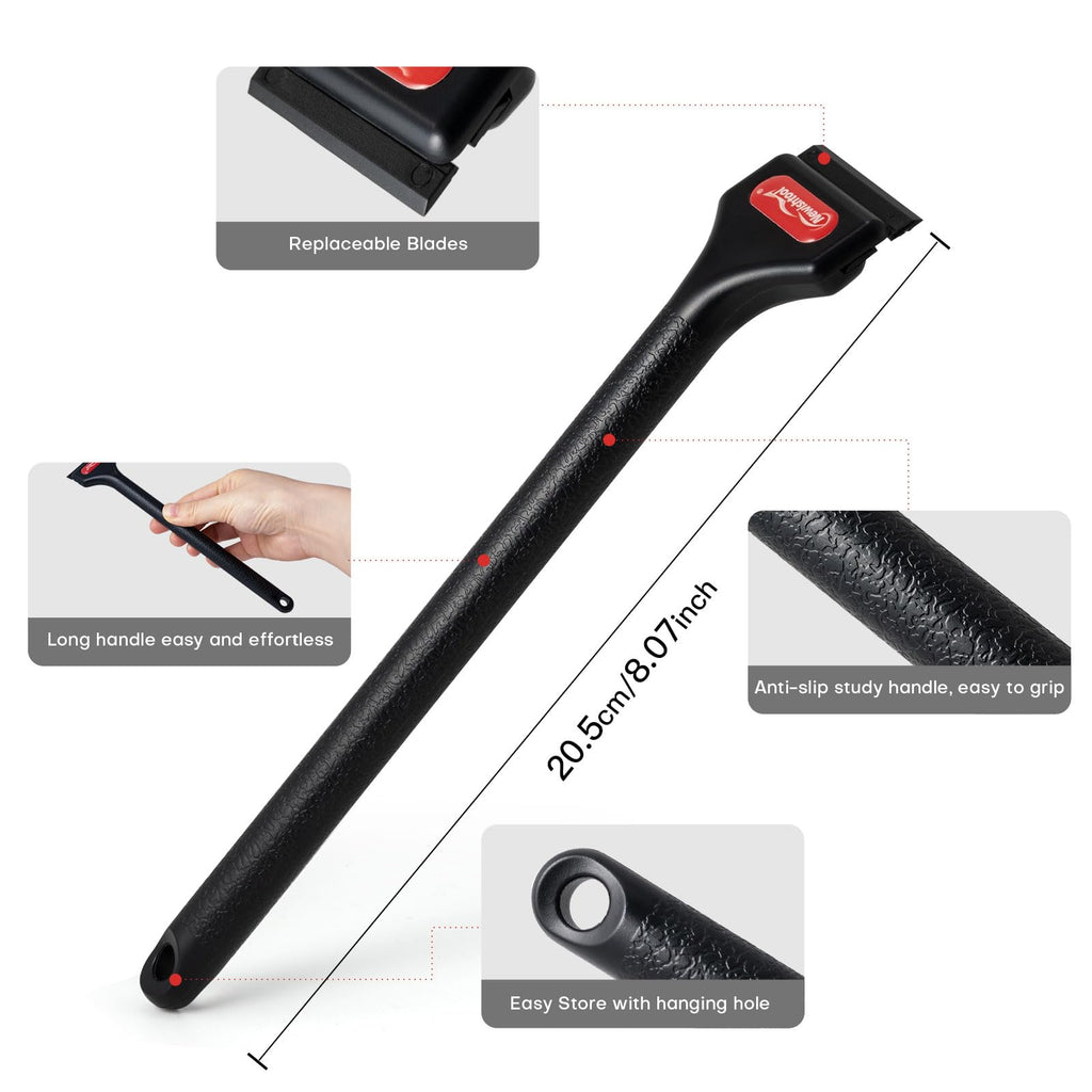 NEWISHTOOL 2 Pcs Long Handle Plastic Razor Blade Scraper With 100 PCS Spare Replacement Blades, Sticker Remover Glue Residue Tool for Hard to Reach Corner