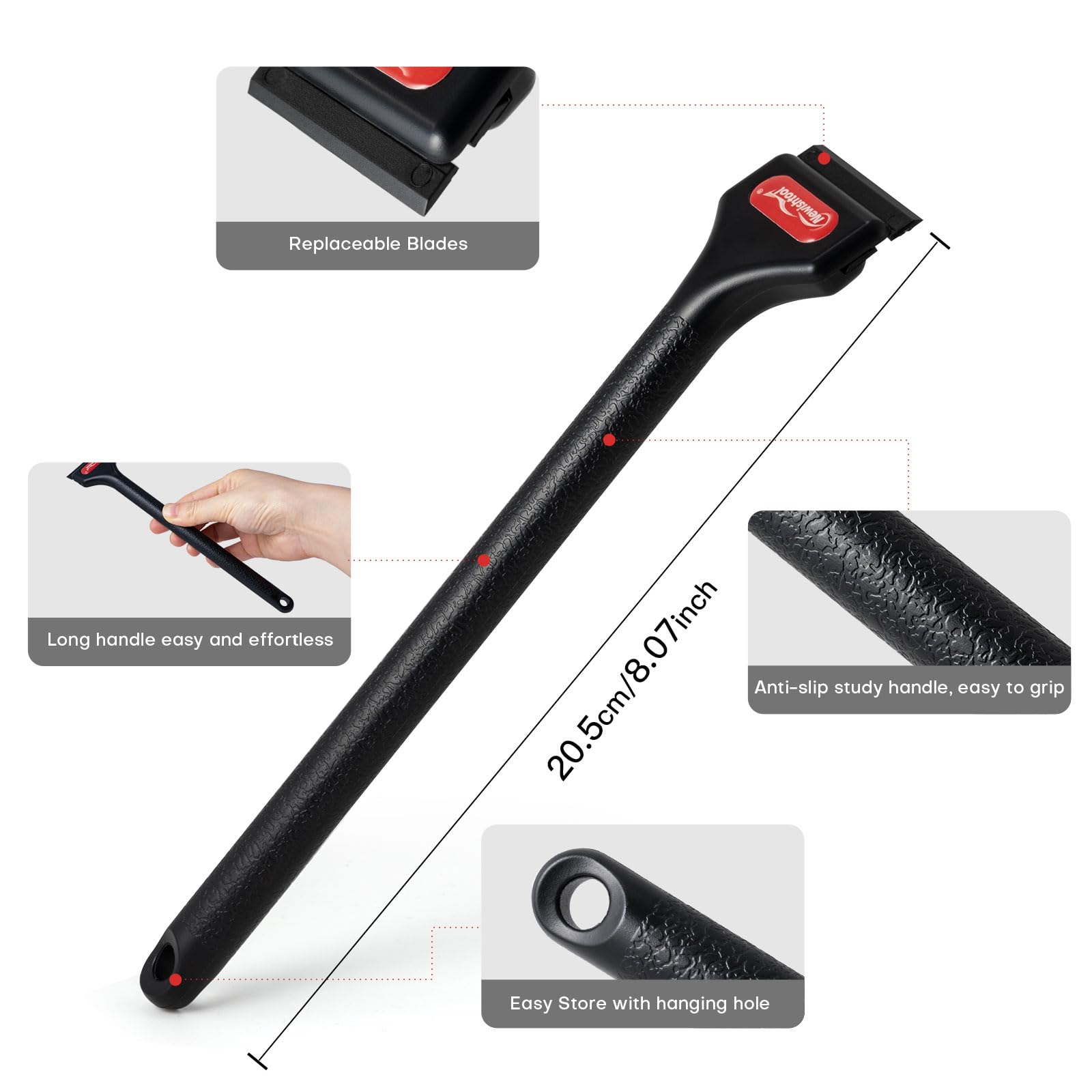 NEWISHTOOL 2 Pcs Long Handle Plastic Razor Blade Scraper With 100 PCS Spare Replacement Blades, Sticker Remover Glue Residue Tool for Hard to Reach Corner