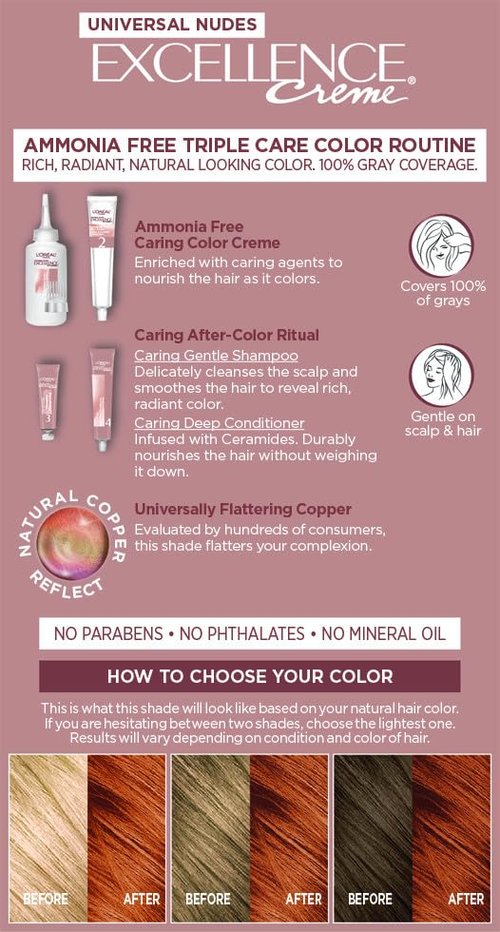 L’Oreal Paris Excellence Universal Nudes Permanent Hair Color, Ammonia Free Hair Dye for Gray Hair Coverage, 7NR Natural Copper, 1 Hair Dye Kit