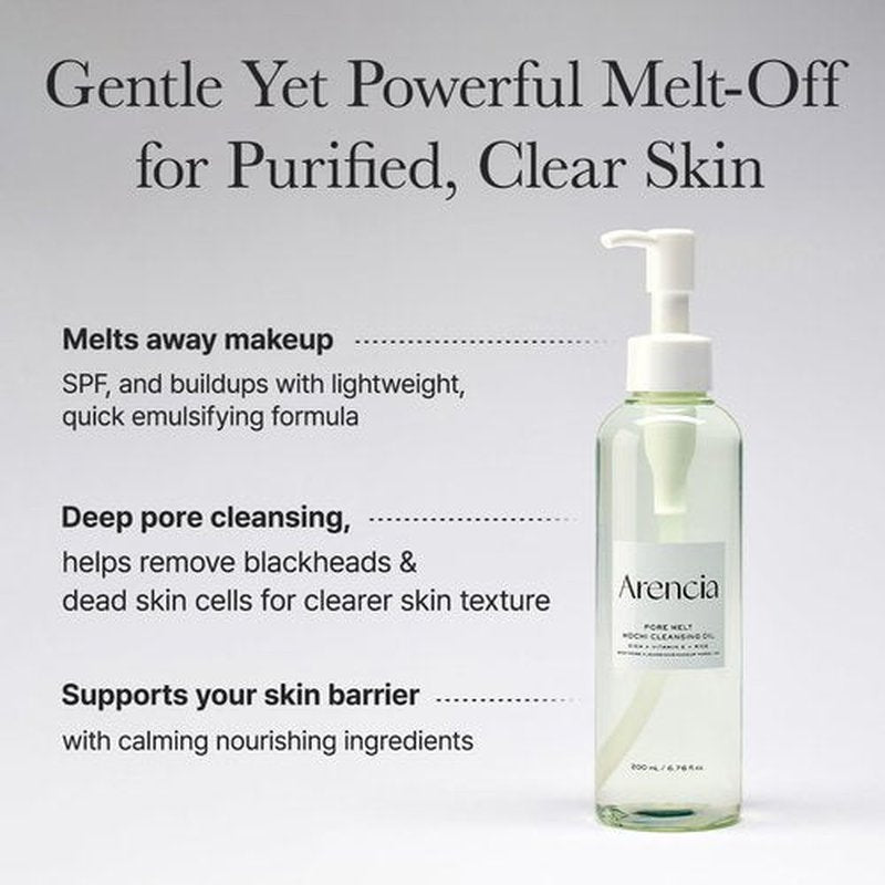 ARENCIA Pore Melt Mochi Makeup-Removing Cleansing Oil, Non-Comedogenic, Rice Amino Acids HD, Vitamin E, Cica, & Ceramide, 6.76 fl oz